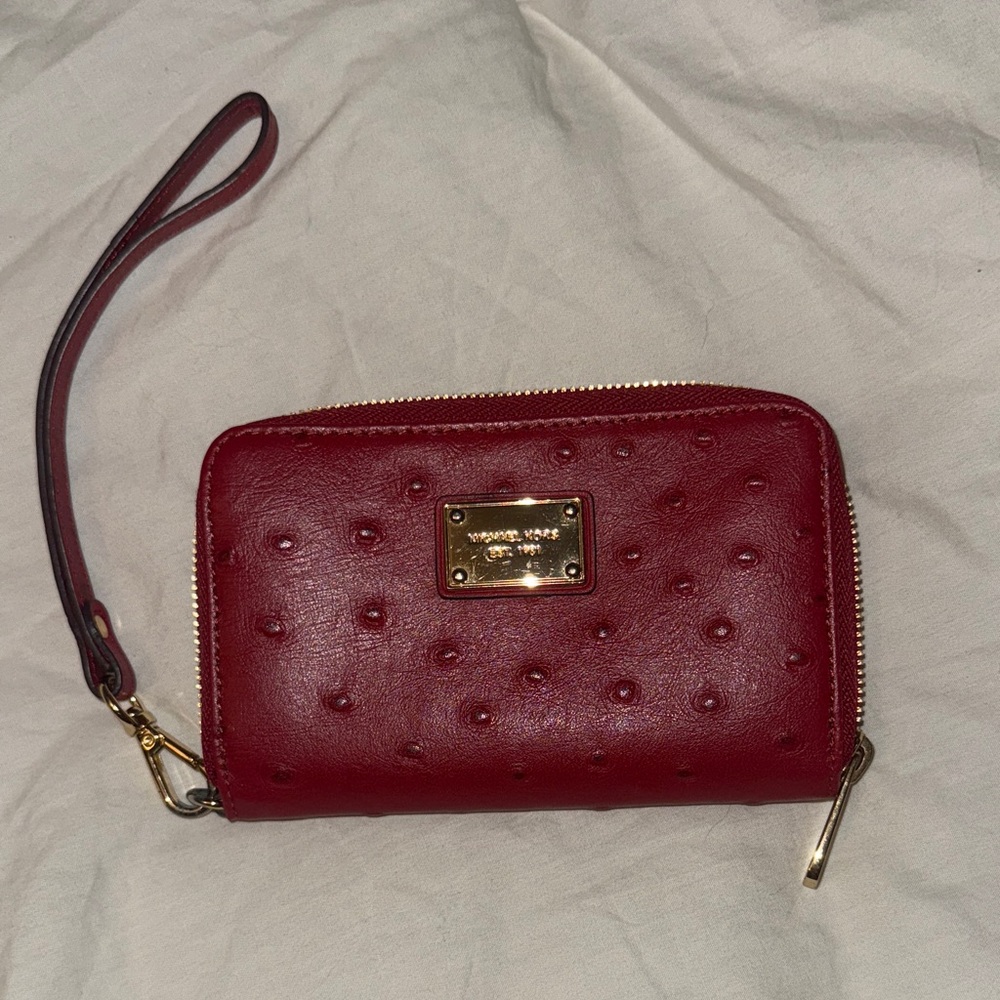 Michael Kors Red Leather/Ostrich Print Wristlet